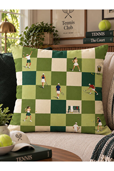 RahanDesign Tenis Temalı Dekoratif Kırlent Kılıfı 43x43 cm – Yeşil Ekose Dese...