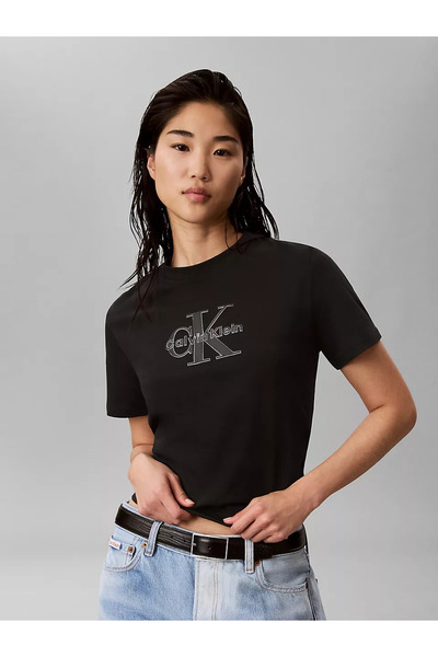 Calvin Klein Women's Regular Fit Ck Logo Printed Round Neck Short Sleeve Blac...