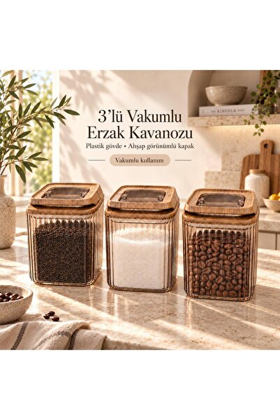 Okyanus Home Klipsli ve Vakumlu Ahşap Görünümlü Erzak Kavanozu 3'lü Set - 900 ml
