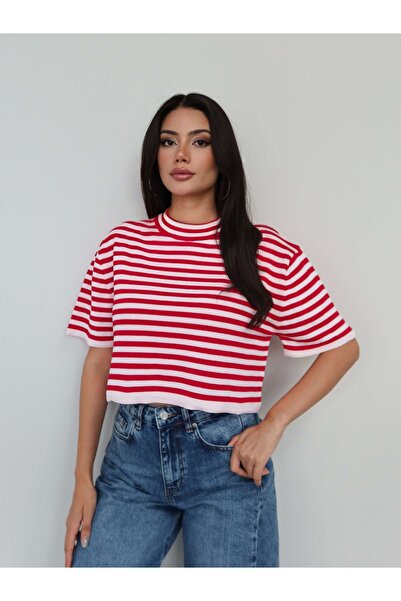 ESRAHELVACI High Collar Striped Knitwear Blouse