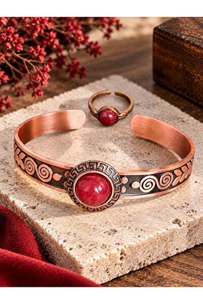 zadenza gold Women's Copper Ring Bracelet Handcrafted Pure Copper Round Red A...