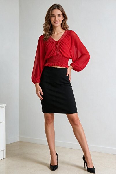 OEM Bluza eleganta de dama cu decolteu in V, snur reglabil, maneci lungi bufa...