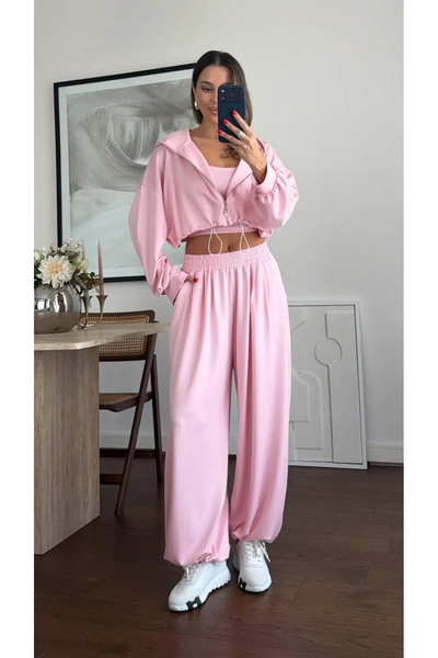 My Blog Pink Hooded Crop Triple Set - 3223