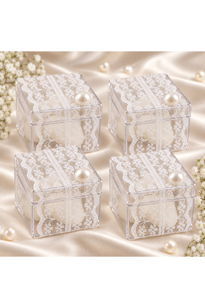 Dantelli İnci Detaylı Şeffaf Kutulu Hediyelik Mum 4,5 × 5,5 cm – İsteme Hediyeliği,Nişan, Düğün, Doğum günü, Doğum, Bebek