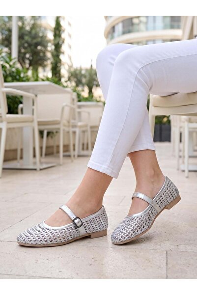 Nesil Shoes Γυναικείες μπαλαρίνες Ceylan 3501 Silver Straw Knit