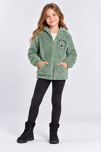 AHENGİM Girl's Hooded Plush Cardigan with Zipper, Floral Embroidery, Pockets,...