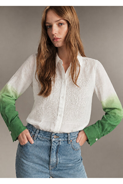 Generic Brand Women’s Embroidered White Linen Shirt with Green Ombre Sleeves