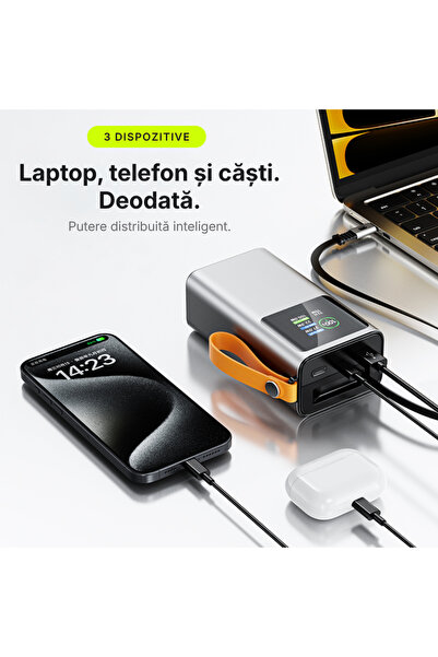 Voltres Baterie externă Nomad 27.000mAh · 165W · Cablu retractabil 70cm USB-C · 3 porturi · Aluminiu