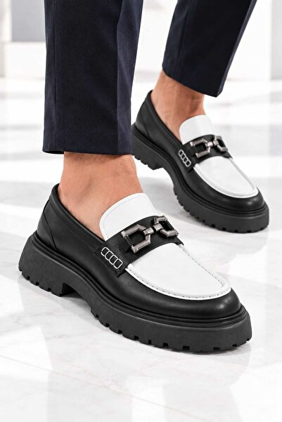 Oneka Shoes Kadın Günlük Loafer Tokalı Siyah-Beyaz napa 230926KLSB1004
