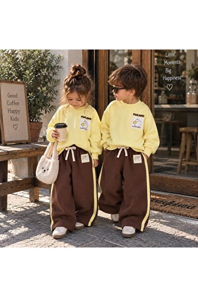 Parskidswear Power İn Kindess Baskılı Sarı Sweatshirt - Kahverengi Şeritli Eş...