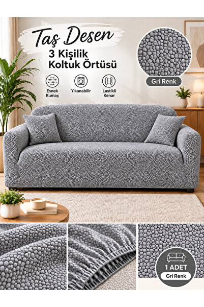bibaha Jakarli Taş Desen Lastikli 3 kişilik Koltuk Örtüsü Kaymaz,Esnek,Yıkana...