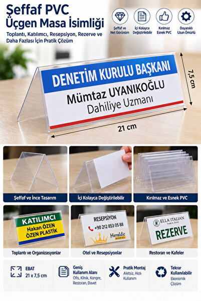 Genel Markalar 21x7.5 cm PVC Şeffaf Üçgen Masa İsimliği - İçi Değiştirilebili...