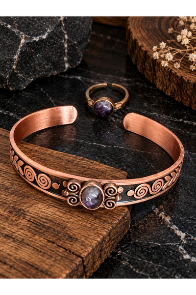zadenza gold Women's Copper Ring Bracelet Handcrafted Pure Copper Oval Amethy...
