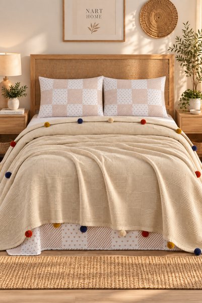 Nart Home 100% Cotton Double Pompom Pique Set Cream (Pique + Sheet + Pillowcase)