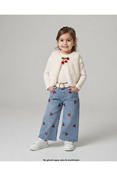 voyyo kids baby Girl's Cherry Embroidered Denim Set - with Plush Vest and Rib...