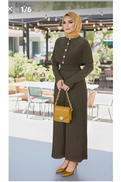 Dagü Design Women's Khaki Tricot Dress with Gold Buttons and Cape