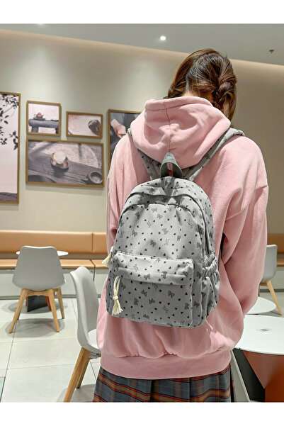 Take Two By Styli Grey Corduroy Backpack with Bow and Heart Print