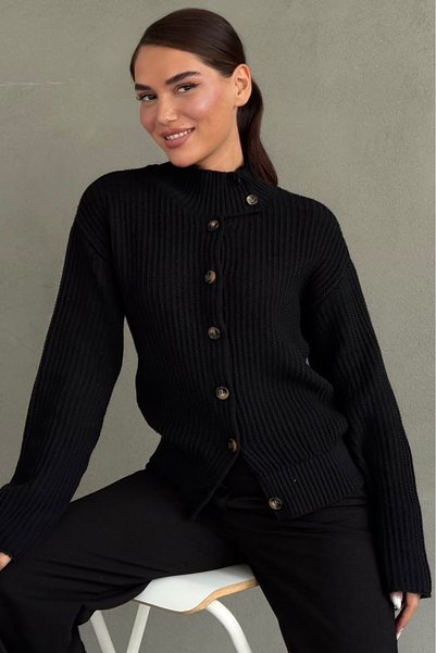 Madmext Cardigan negru pentru femei, cu guler înalt și nasturi, MG2908