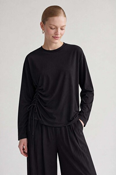 Levidor Side Ruched Detailed Long Sleeve T-Shirt Black