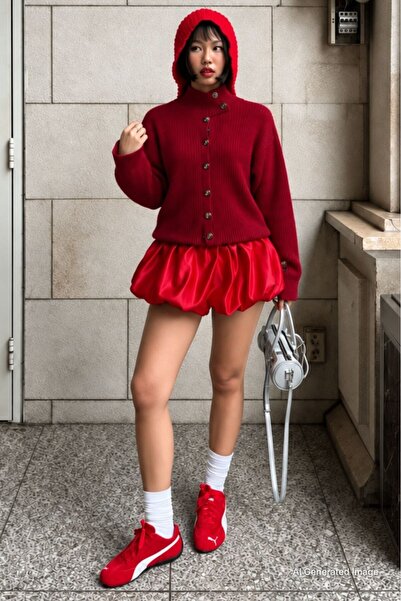 Madmext Burgundy Stand Collar Buttoned Knitwear Women's Sweater Mg2908