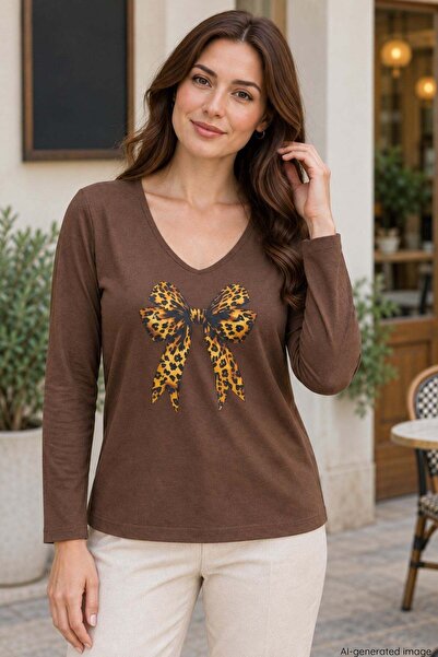 Mossta Ribbon Patterned Long Sleeve Single Jersey Blouse - Brown