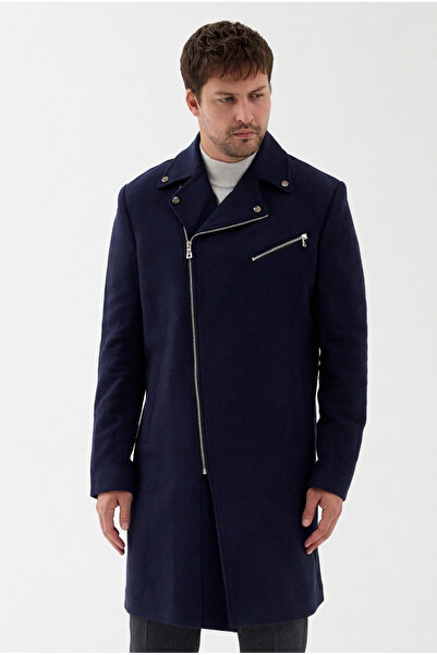 Frappoli Pagano Erkek Lacivert Slim Fit Fermuarlı Uzun Kaban