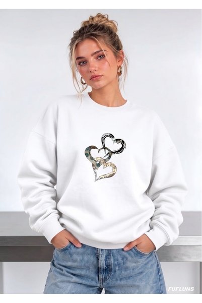 FUFLUNS United Hearts Printed Oversized Women's Crewneck Sweatshirt