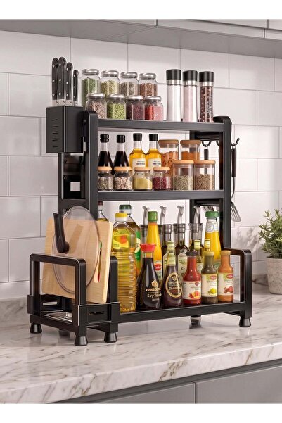Taimi 3-Tier Black Spice Rack with Knife & Cutting Board Holder, Space-Saving...