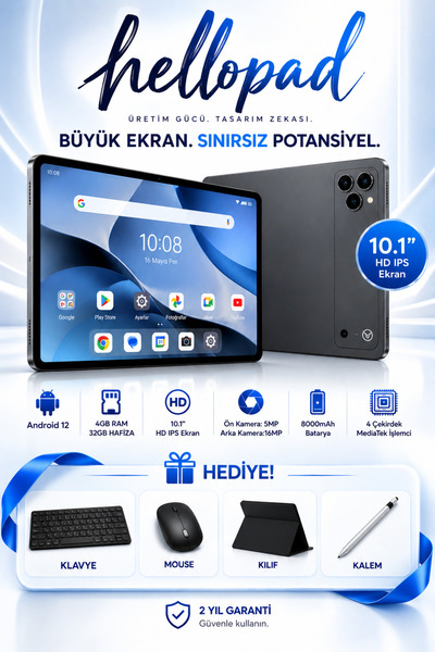 TARÇIN Hellopad 10.1" Andoroid Tablet 4 GB Ram 32 GB Hafıza Klavyeli Kılıf + ...