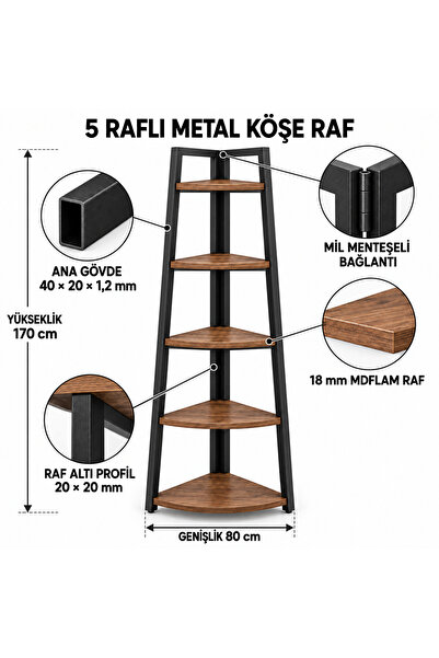 Genel Markalar EvKolleksiyon 4 Raflı Metal Köşe Raf 170x80 cm 40x20 Profil