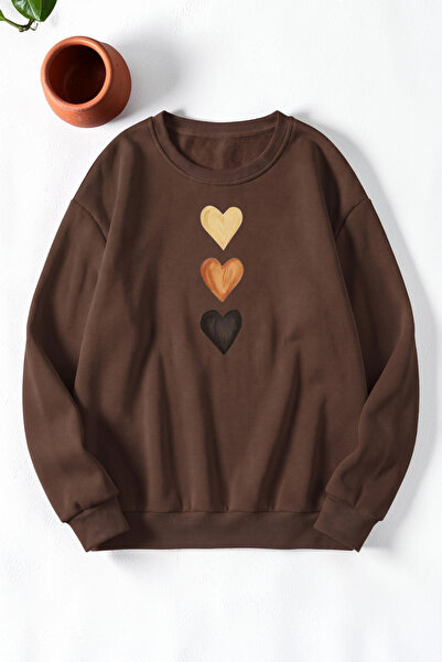 uyguntarz Unisex Heart Printed Crew Neck Sweatshirt