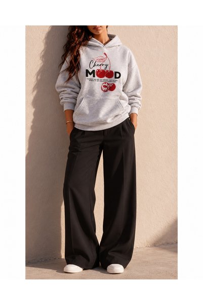 HAI COLLECTİON Women's Sweatshirt 3 Thread Cherry Printed Oversize Hoodie wit...