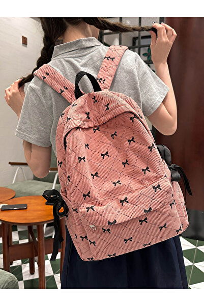 Take Two By Styli Pink Corduroy Bow Backpack