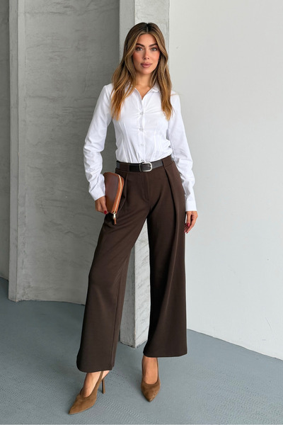 macharel jeans بنطلون بالازو عالي الخصر مع حزام وجيوب كبيرة