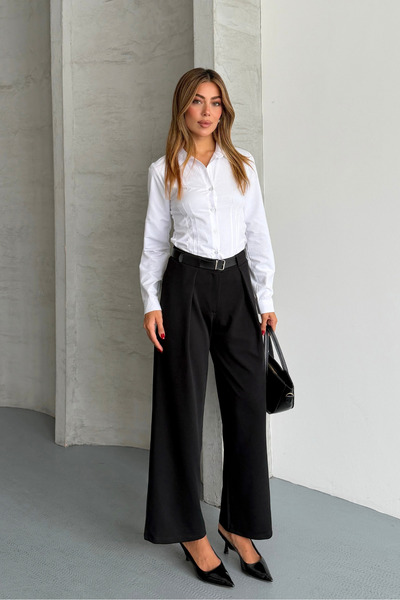 macharel jeans Maxi Pensli Kemerli Yüksek Bel Palazzo Pantolon