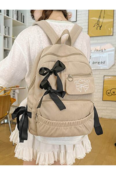 Take Two By Styli Beige Corduroy Backpack with Bow Details