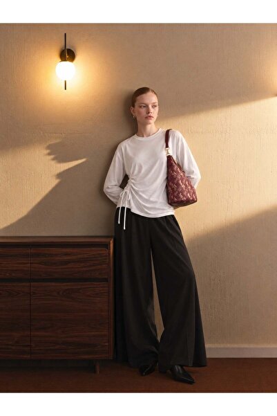 Levidor Side Ruched Detailed Long Sleeve T-Shirt White