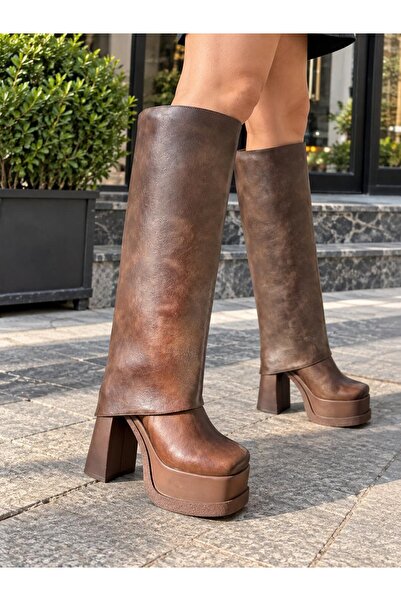 asmi shoes Γυναικείες μπότες Estiva καφέ πλατφόρμας με τακούνι 12 εκ. που αφα...