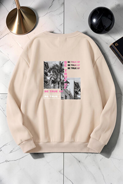 uyguntarz Hanorac unisex cu imprimeu Be True Of și guler tip crewneck