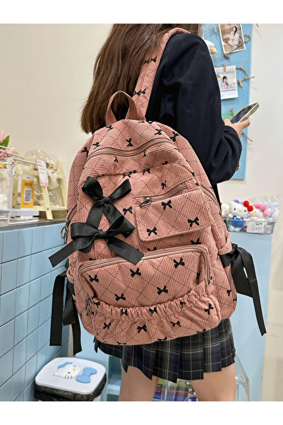 Take Two By Styli Pink Bow Corduroy Backpack