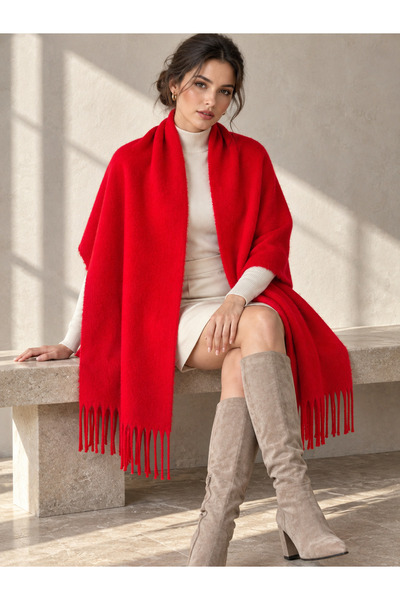 Luminos Butik Women's Basic Red Tasseled Boucle Scarf - Shawl 45X200 cm Sal1285