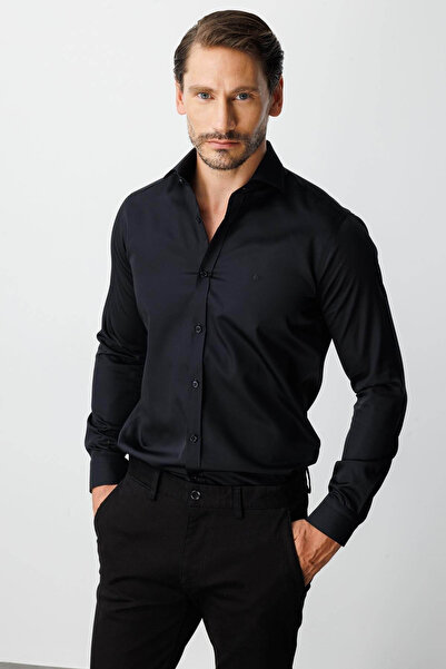 İgs Black Regular Fit Wide Fit Classic Collar Plain Long Sleeve Pocketless 10...