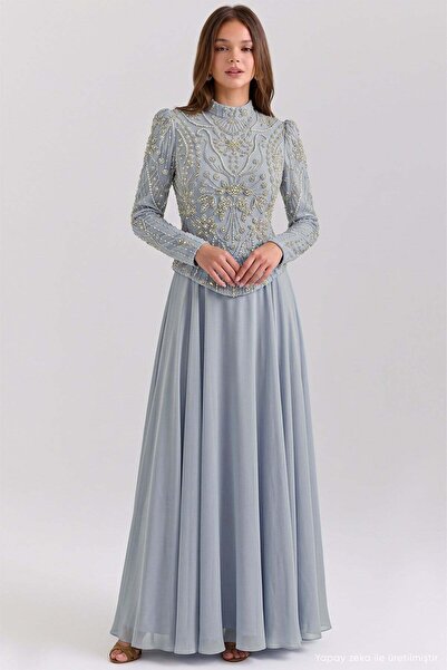 Olcay Exclusive Hijab Evening Dress with Bead and Stone Patterned Chiffon Com...