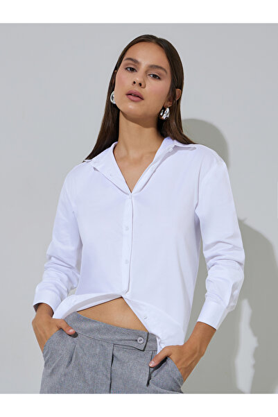 Styli Off White Solid Longlined Long Sleeves Oversized Shirt