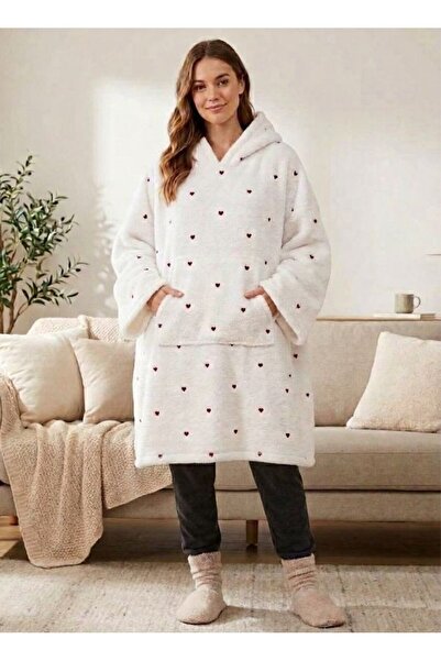 Mulberry Oversize Giyilebilir Battaniye Wellsoft Kapüşonlu Kalp Nakışlı