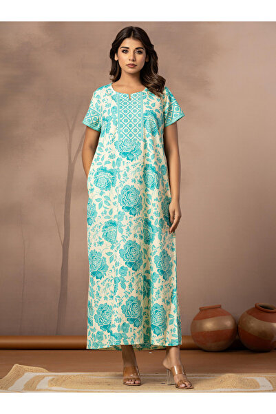 NIHSAMAH By Styli Blue Floral Print Short Sleeve Cotton Nightdress