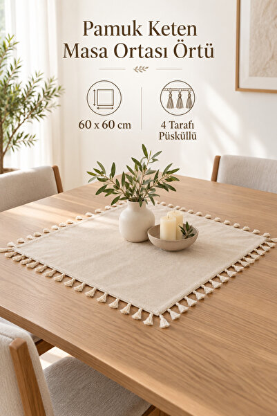 Morlay Yıkamalı Pamuk Keten Masa Ve Fiskos Ortası Örtüsü 60x60 cm – 4 Tarafı ...