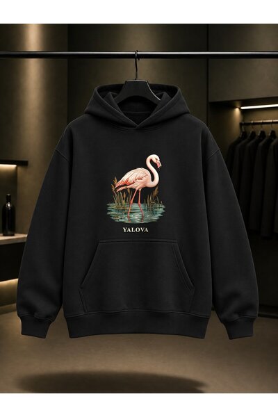 fame-stoned Yalova Hersek Flamingo Printed Unisex 100% Cotton Hooded Sweatshirt