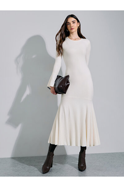 Styli Cream Ribbed Knit Bell Long Sleeves A-Line Maxi Dress