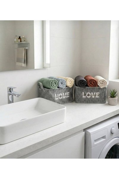 Handyol 2-Piece Bathroom Towel Organizer Home & Love Printed Patterned Fabric Organizer with Steel Support 30×24×18 cm